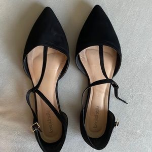 Black, t-strap d’Orsay Long Tall Sally flats. Size 14